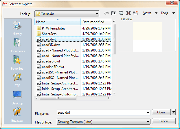 AutoCAD 2005 Select Template Dialog Box