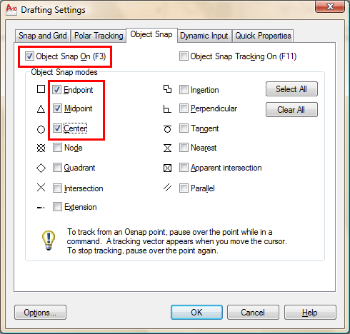 Osnap Settings Dialog Box