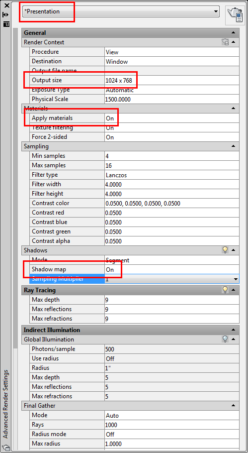 Render settings in AutoCAD 2007